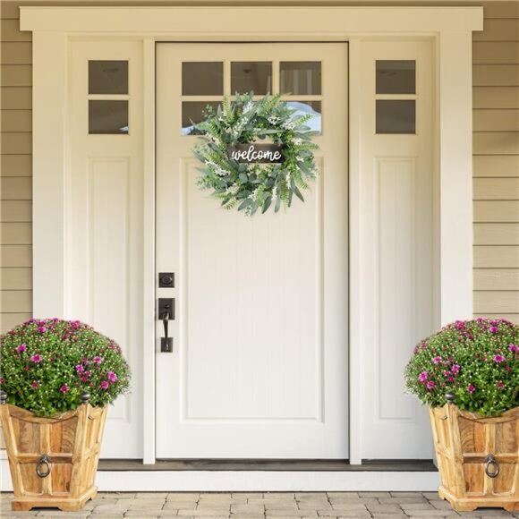Green Artificial Eucalyptus Wreath with Welcome Sign 20in Mixed White Berries - Picture 3 of 7
